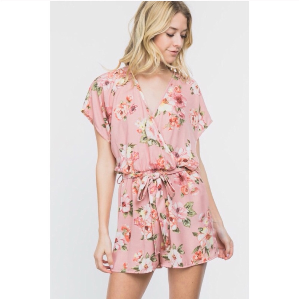 Floral V Neck Drawstrings Cinched Waist Romper